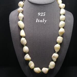 Beaded Shell Chrysoprase Necklace, Sterling Silver Italy, 1980s Vintage Jewelry